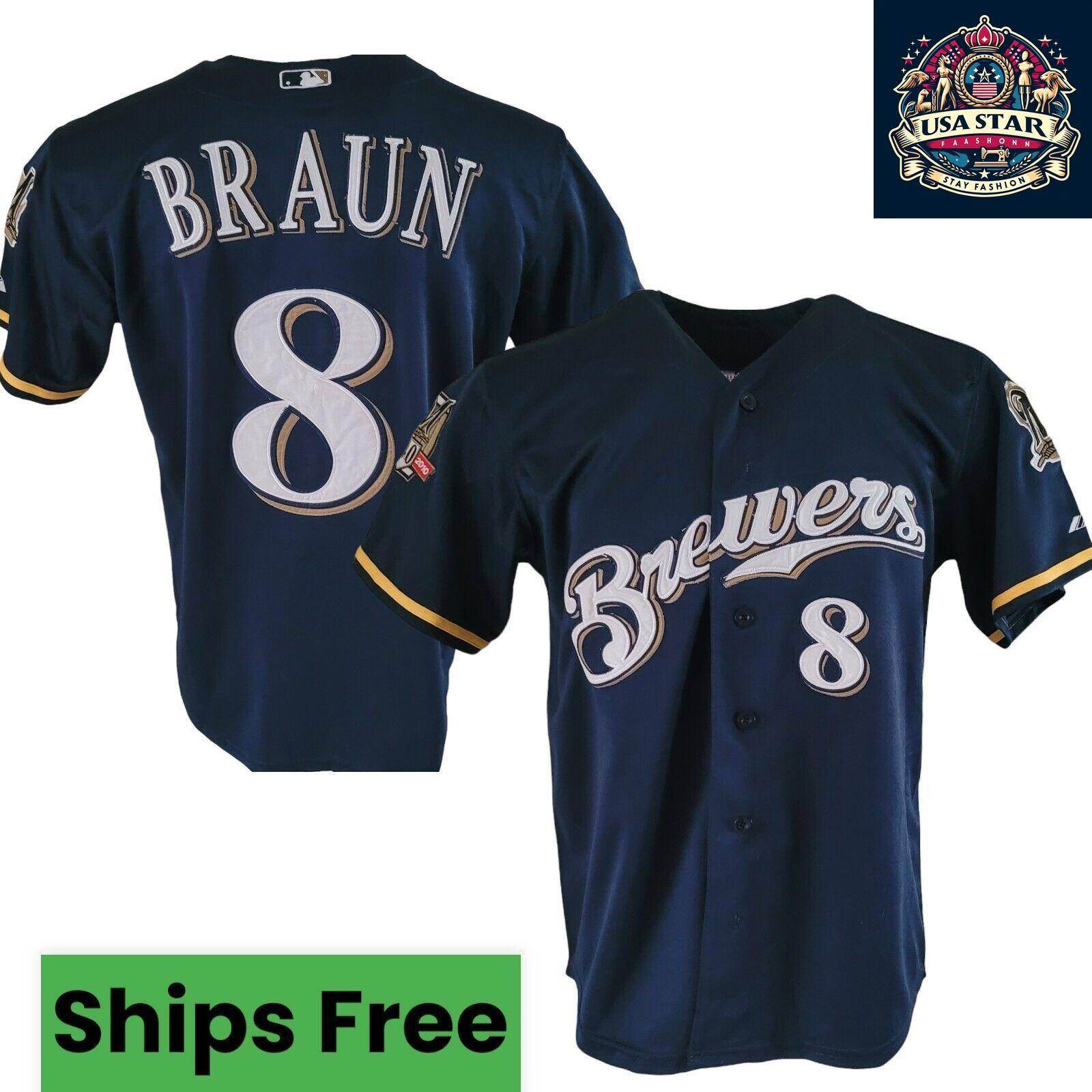 Ryan Braun T-Shirt 8 Milwaukee Brewers 40th Anniversary Majestic Tee Sz M Navy Blue Short Sleeve - USASTARFASHION