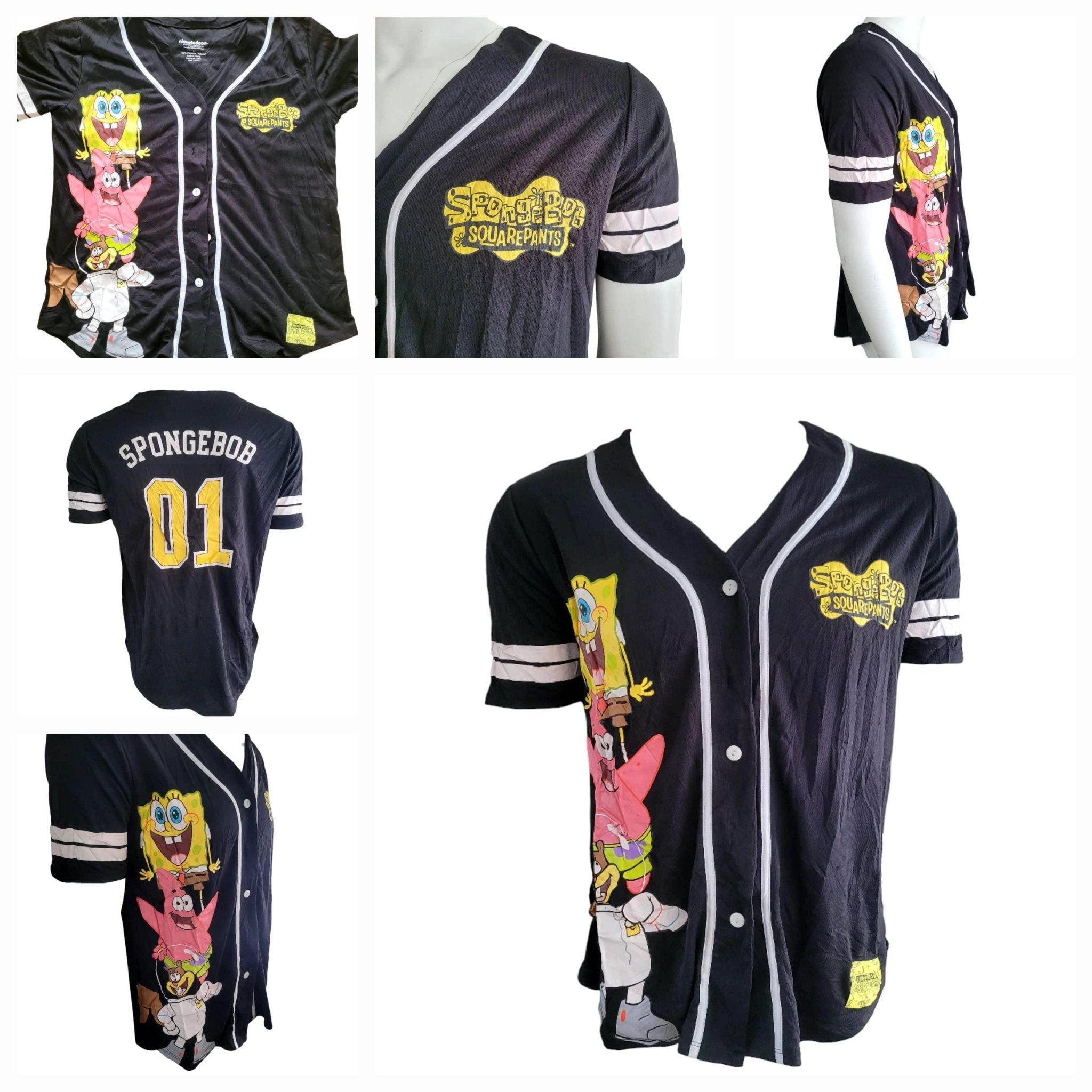 SpongeBob SquarePants Jersey Shirt Large Black with Fun Graphics Featuring SpongeBob and Patrick - USASTARFASHION