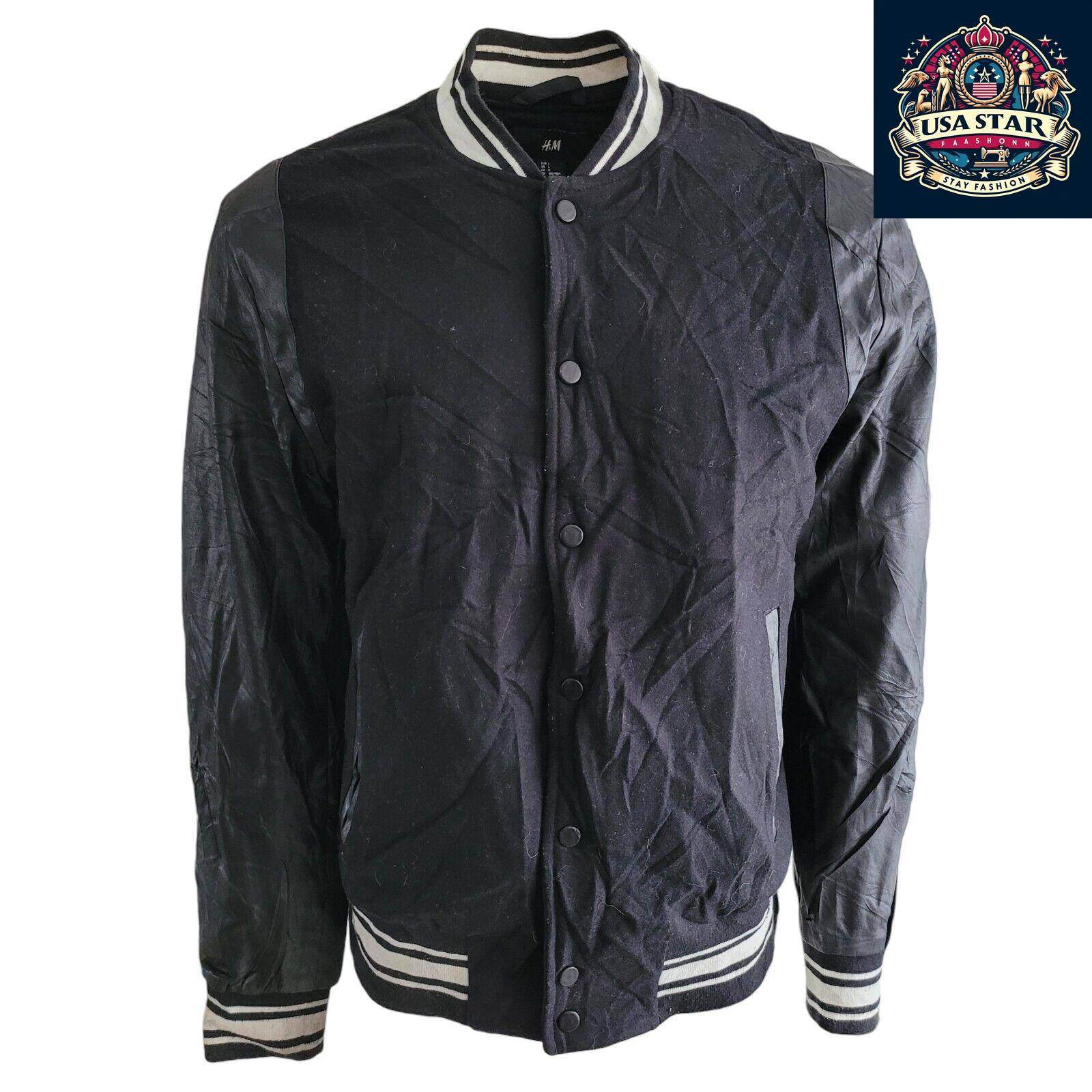 Vintage 90s Wool H&M Varsity Jacket Size L Black Retro Style with Snap Closure and Pockets - USASTARFASHION