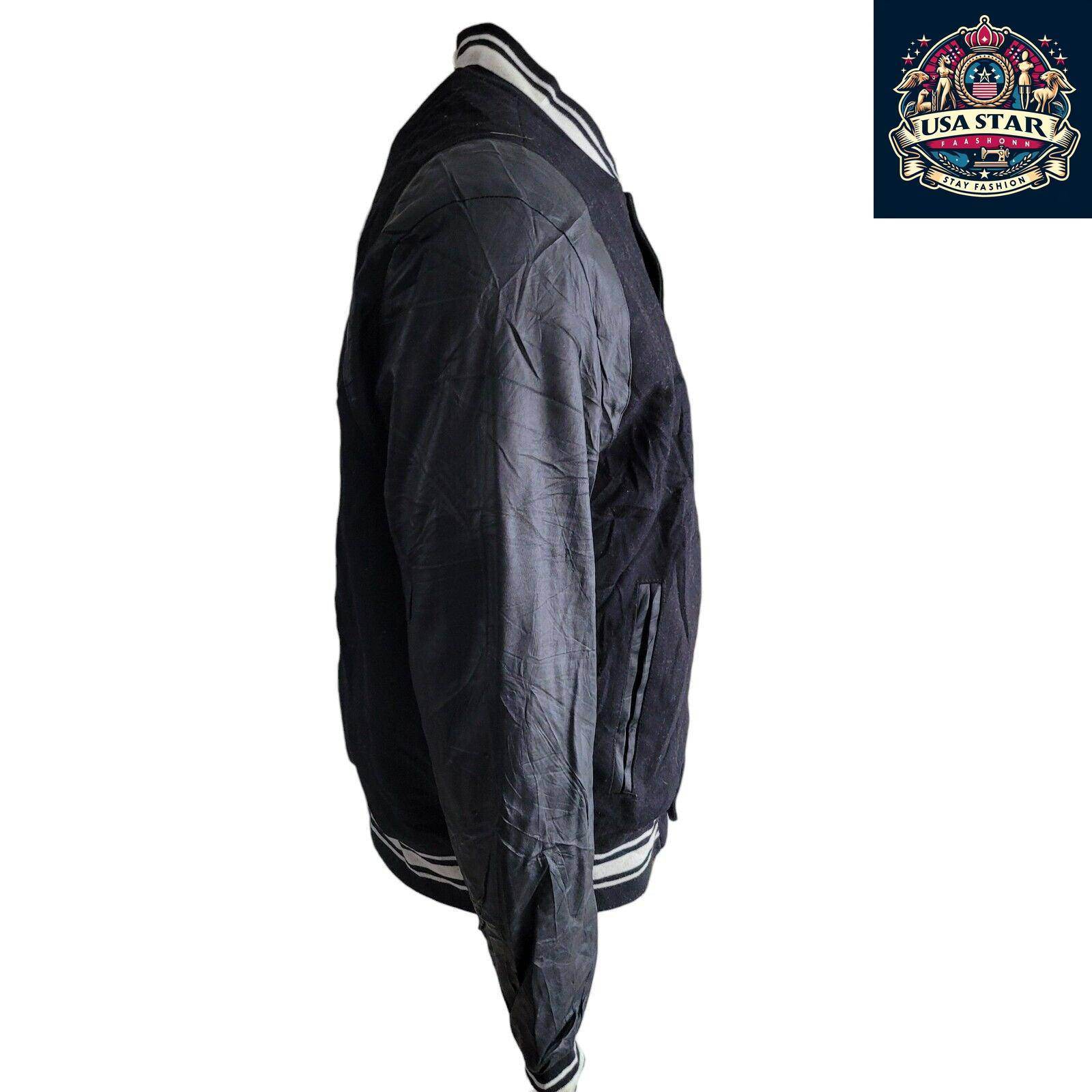 Vintage 90s Wool H&M Varsity Jacket Size L Black Retro Style with Snap Closure and Pockets - USASTARFASHION