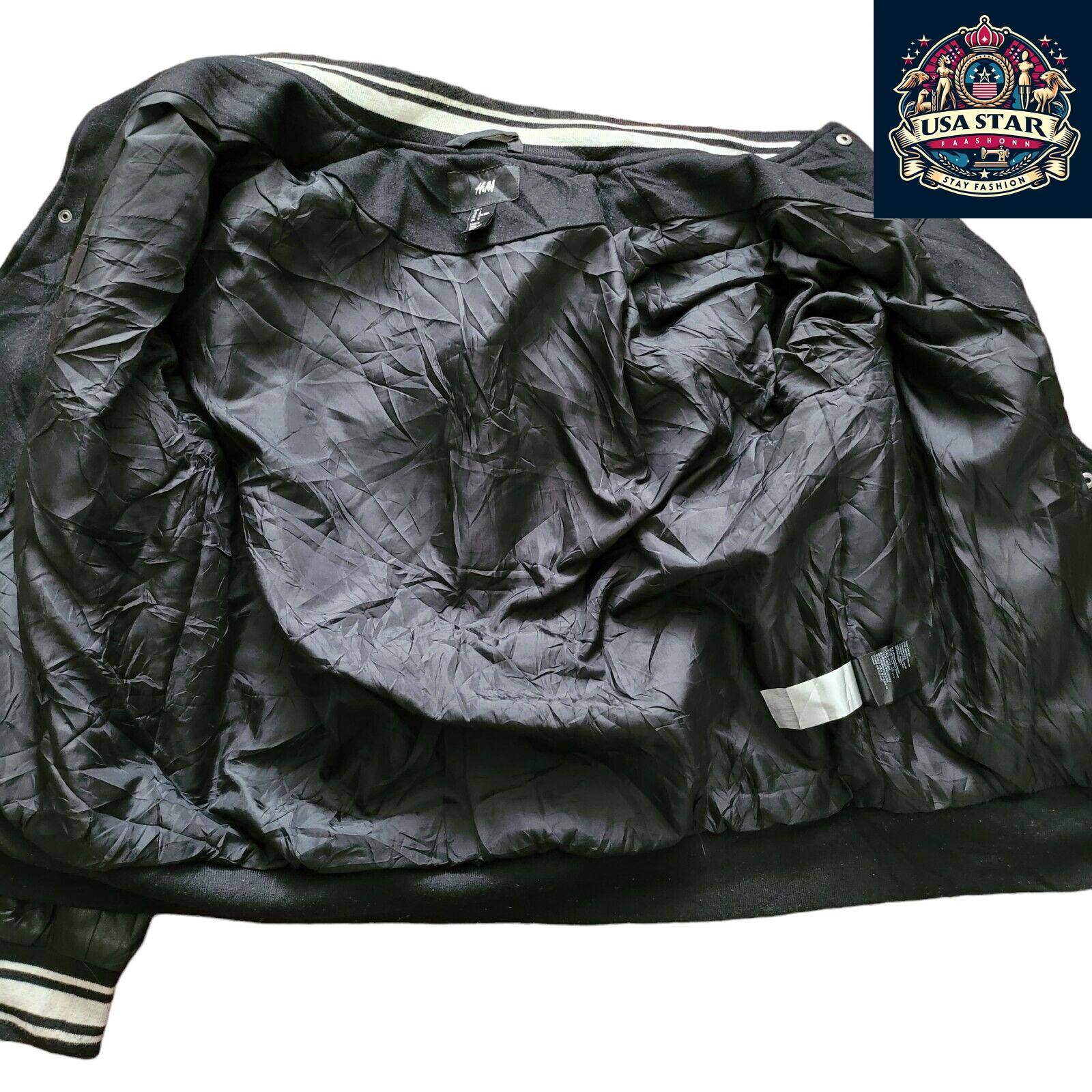 Vintage 90s Wool H&M Varsity Jacket Size L Black Retro Style with Snap Closure and Pockets - USASTARFASHION