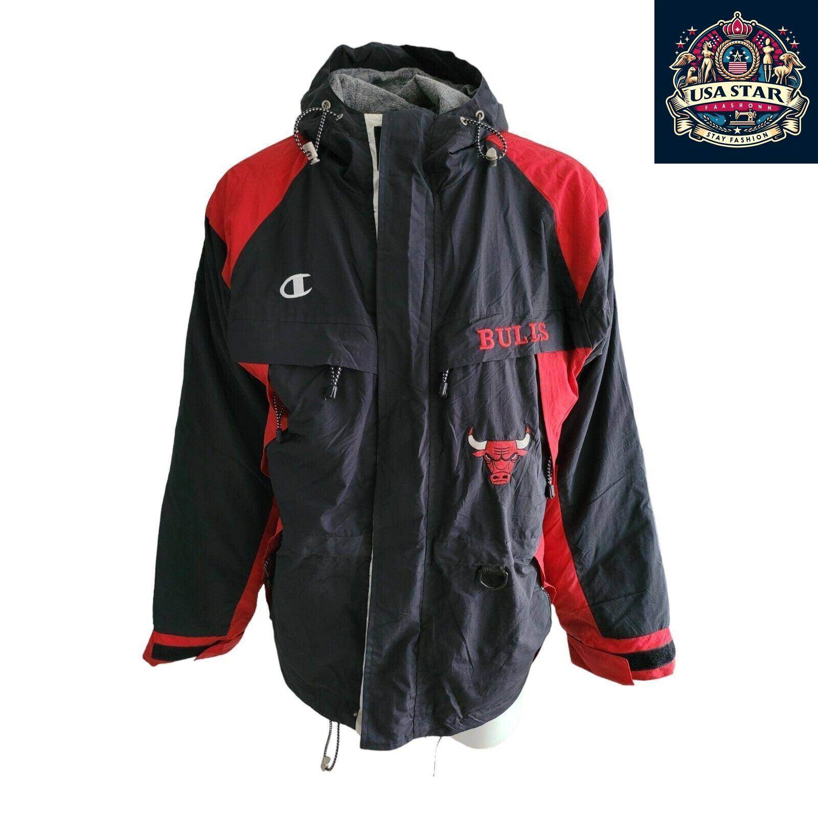 Vintage Champion Chicago Bulls Full - Zip Jacket Size L with Pockets and Embroidered Badges - USASTARFASHION