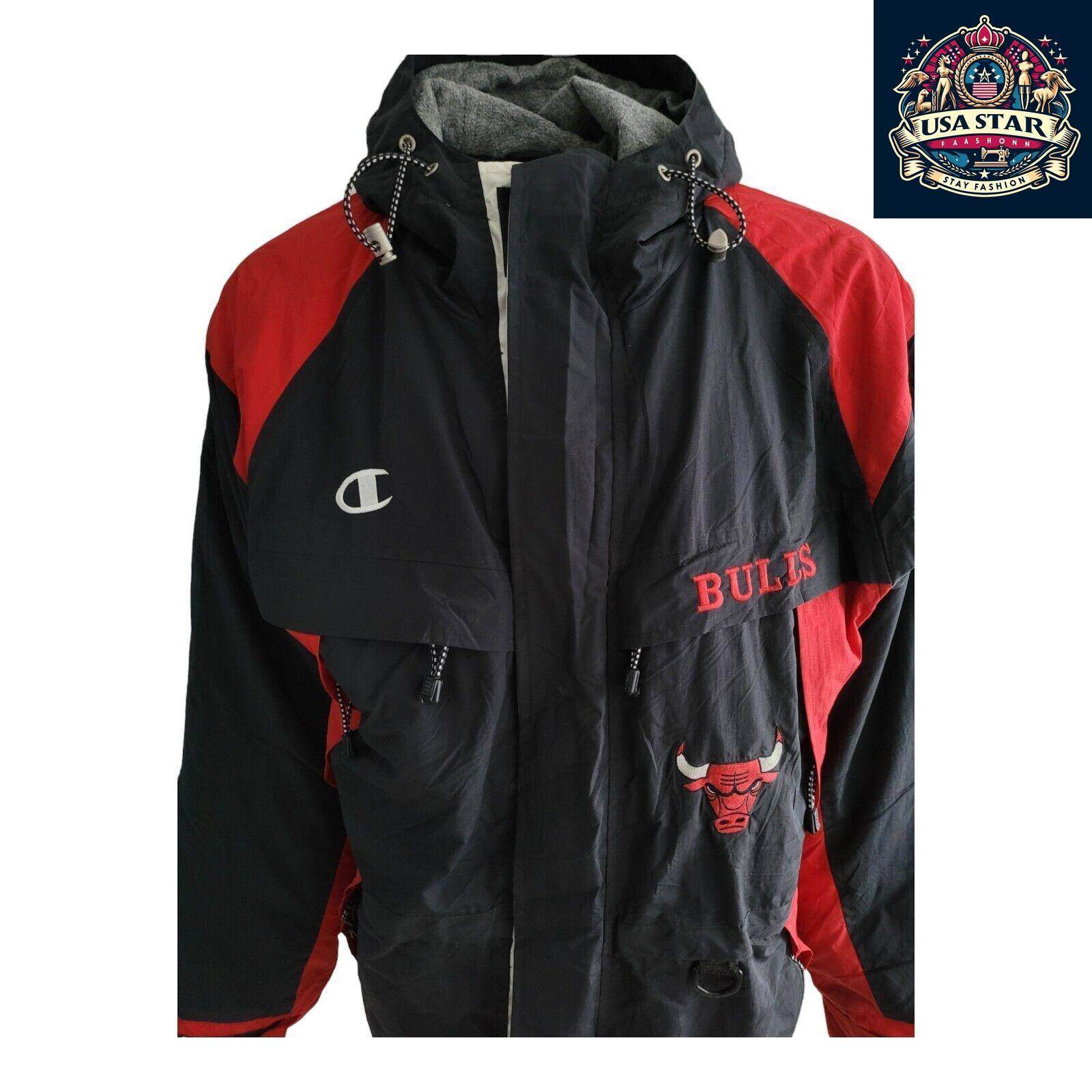 Vintage Champion Chicago Bulls Full - Zip Jacket Size L with Pockets and Embroidered Badges - USASTARFASHION
