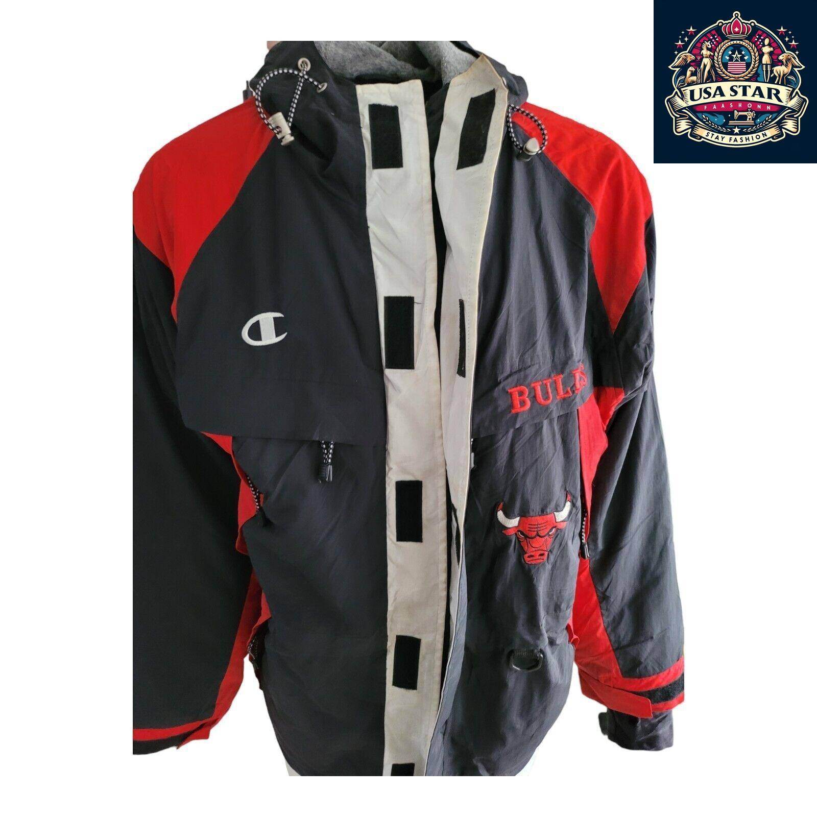 Vintage Champion Chicago Bulls Full - Zip Jacket Size L with Pockets and Embroidered Badges - USASTARFASHION