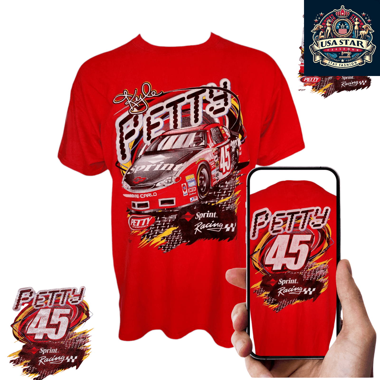 Vintage Kyle Petty T-Shirt 45 Sprint Racing | Delta Magnum Fabric | Red | Size XL - USASTARFASHION