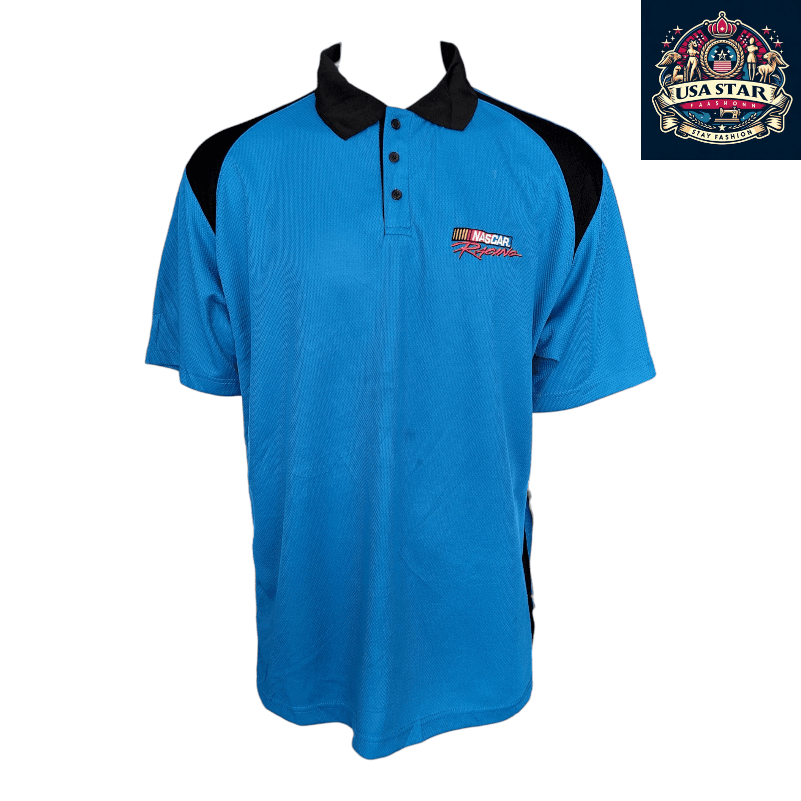 Vintage NASCAR Polo Shirt - Men's Size M, Blue, 100% Polyester, Checkered Flag Design - USASTARFASHION