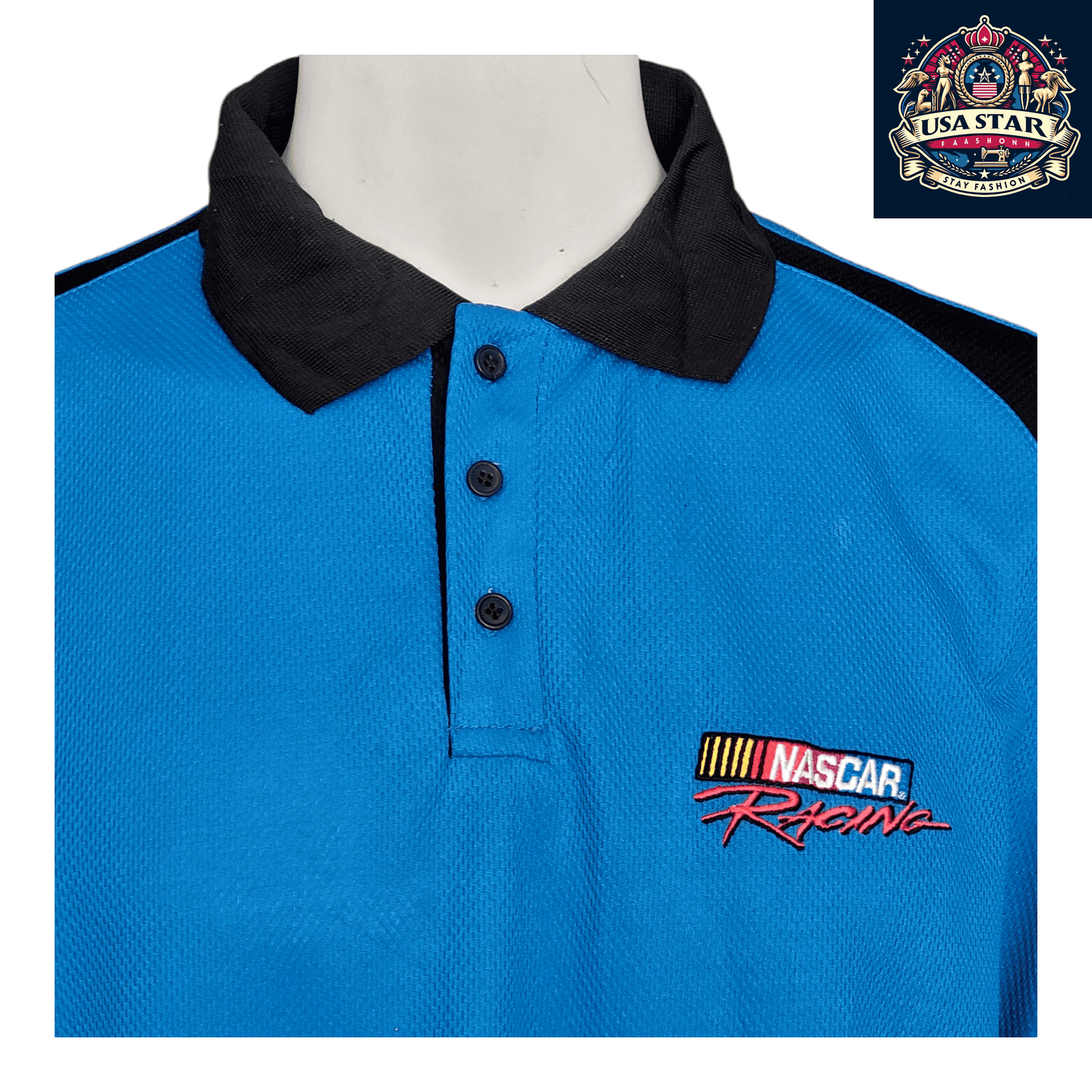Vintage NASCAR Polo Shirt - Men's Size M, Blue, 100% Polyester, Checkered Flag Design - USASTARFASHION