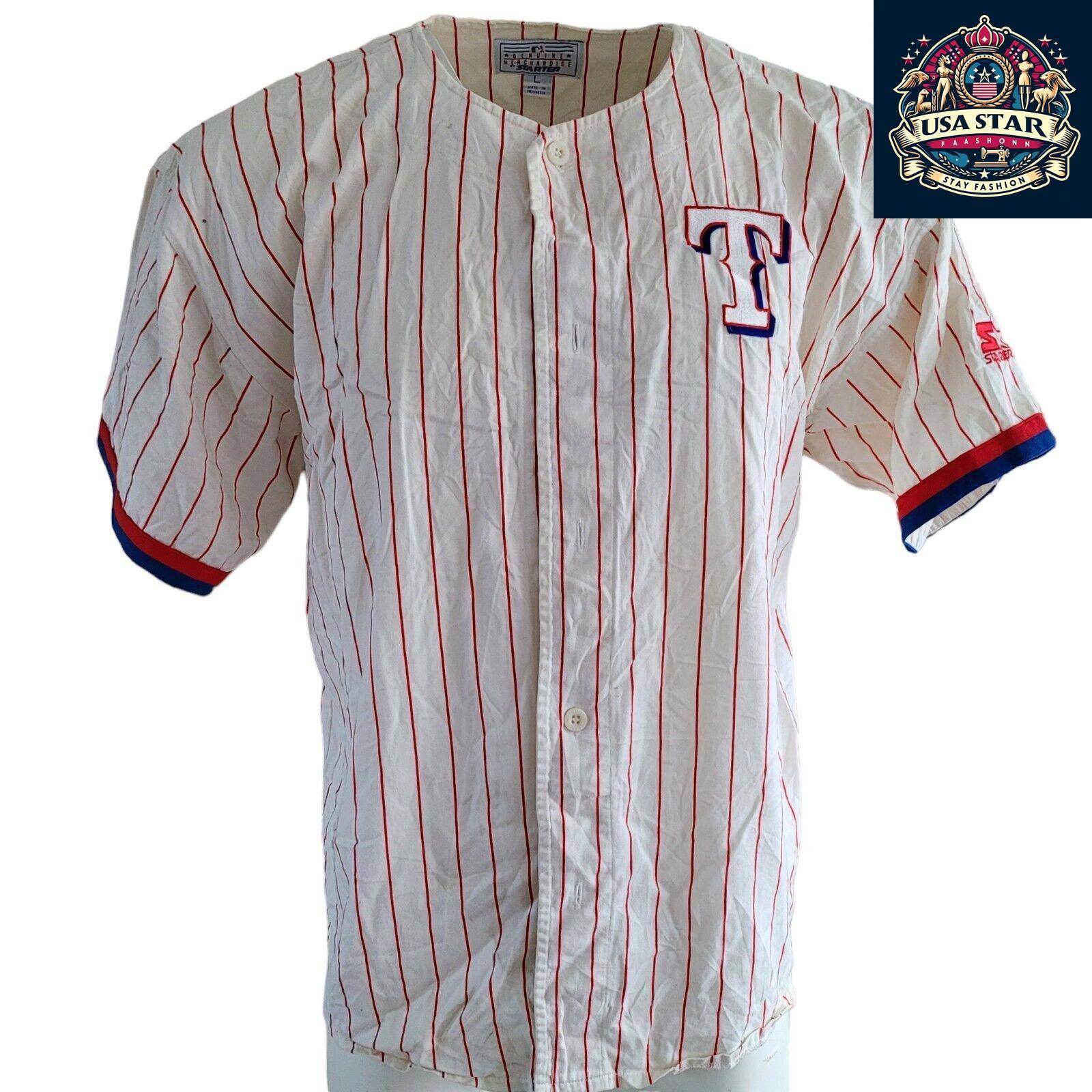 Vintage Starter White Redstriped Texas Rangers Button Up Baseball Jersey MLB SzL - USASTARFASHION