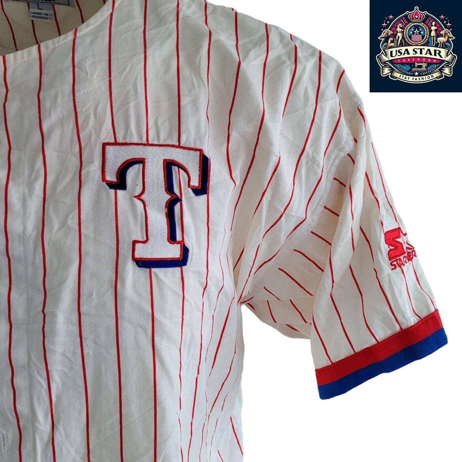 Vintage Starter White Redstriped Texas Rangers Button Up Baseball Jersey MLB SzL - USASTARFASHION