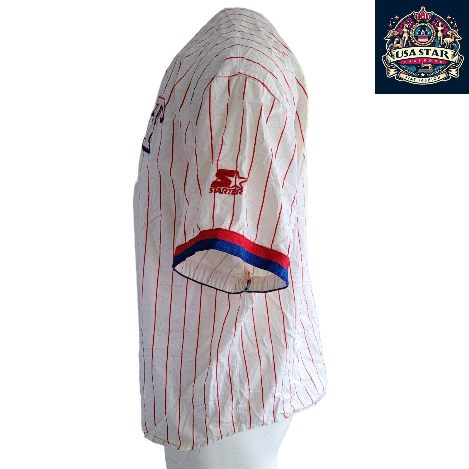Vintage Starter White Redstriped Texas Rangers Button Up Baseball Jersey MLB SzL - USASTARFASHION