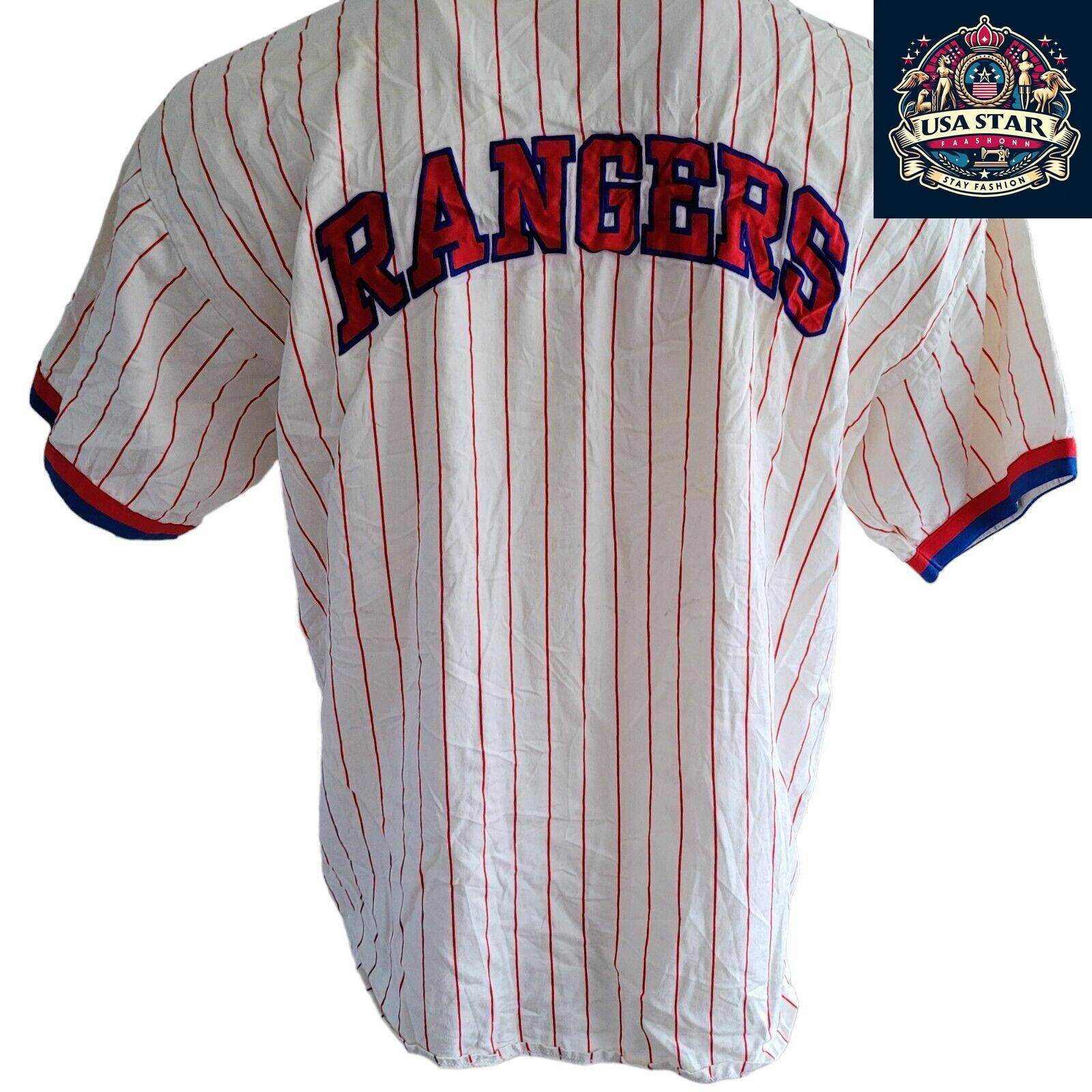 Vintage Starter White Redstriped Texas Rangers Button Up Baseball Jersey MLB SzL - USASTARFASHION