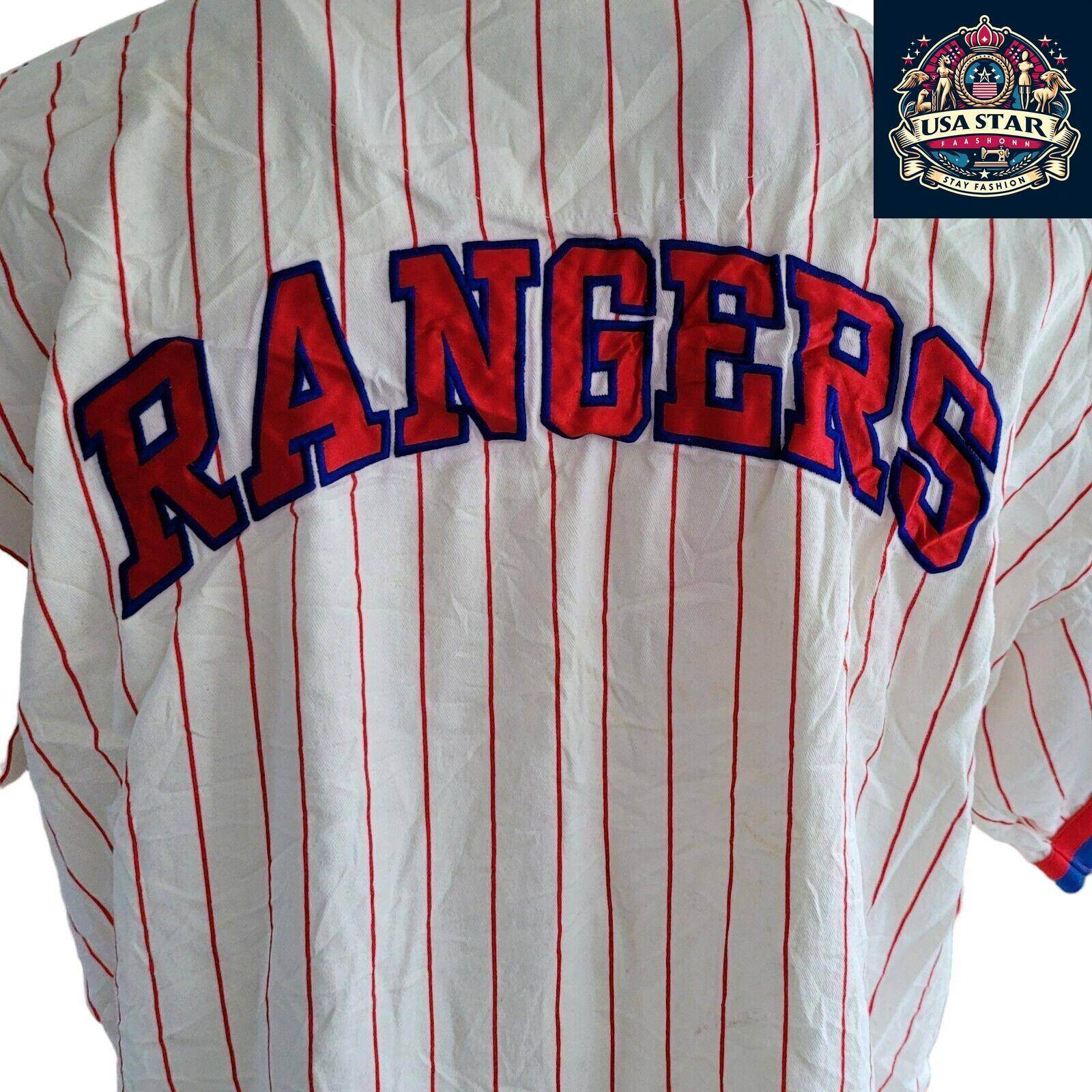 Vintage Starter White Redstriped Texas Rangers Button Up Baseball Jersey MLB SzL - USASTARFASHION