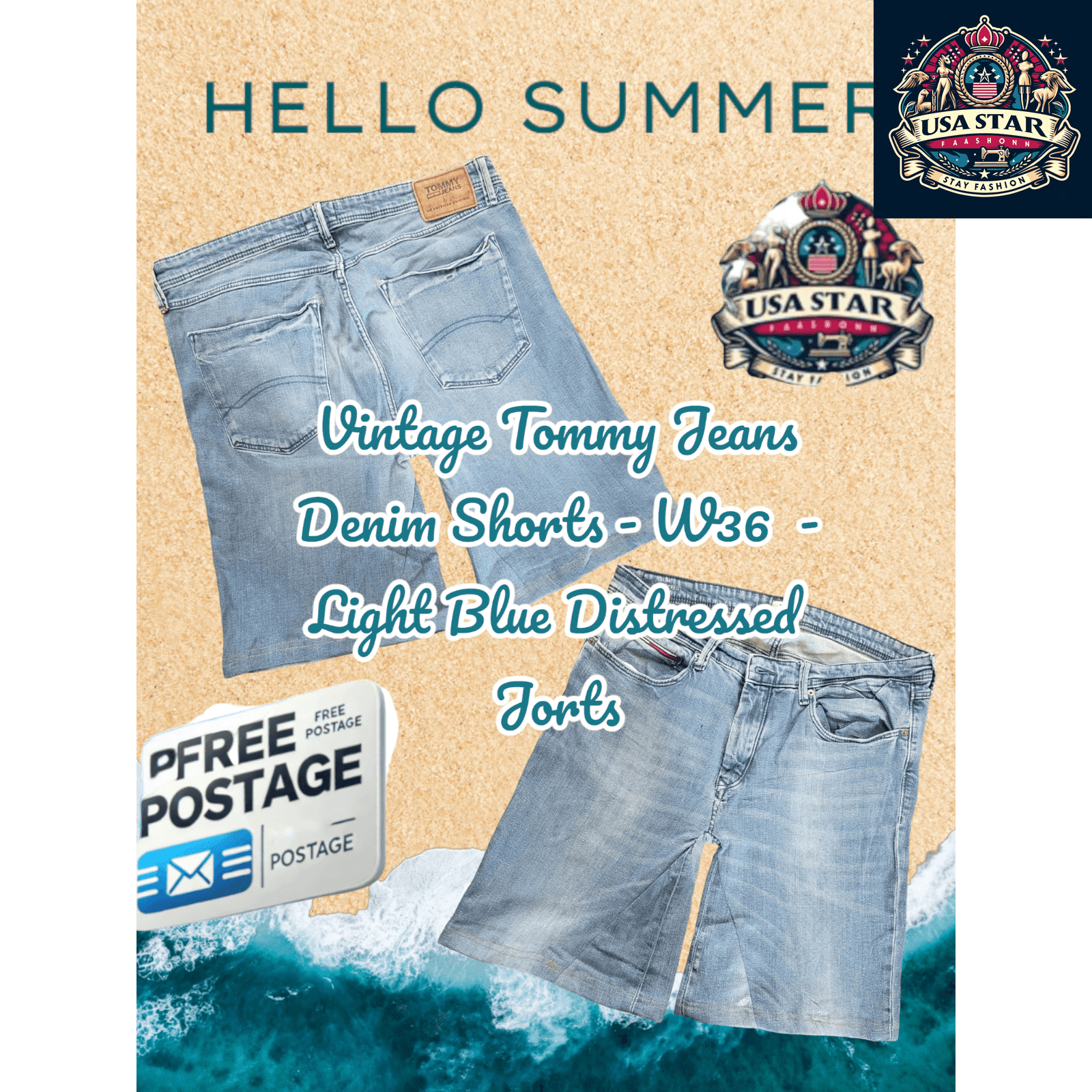 Vintage Tommy Jeans Denim Shorts - W36 Light Blue Distressed Jorts - USASTARFASHION
