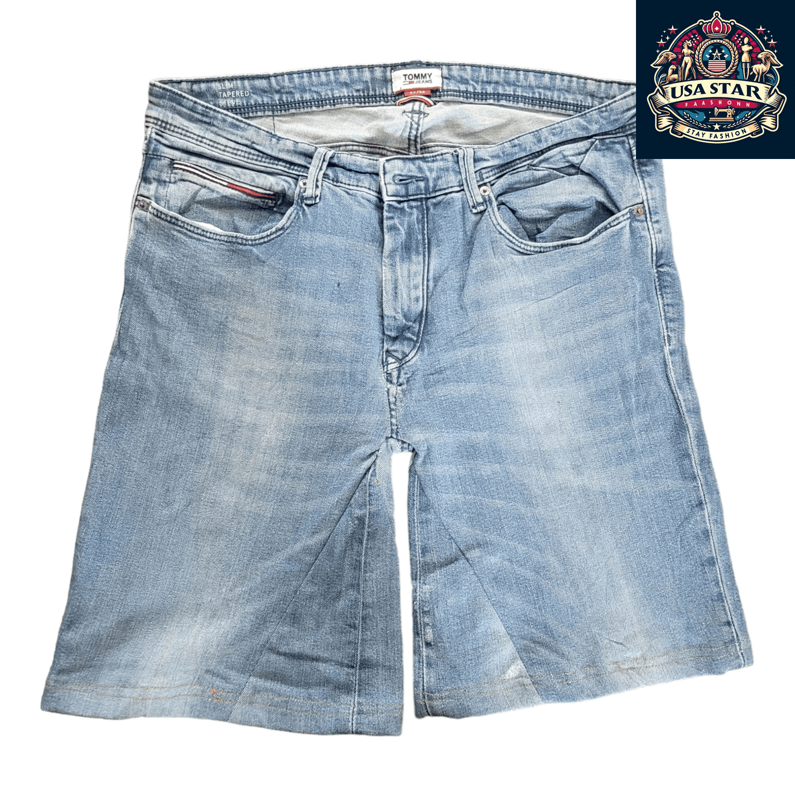 Vintage Tommy Jeans Denim Shorts - W36 Light Blue Distressed Jorts - USASTARFASHION