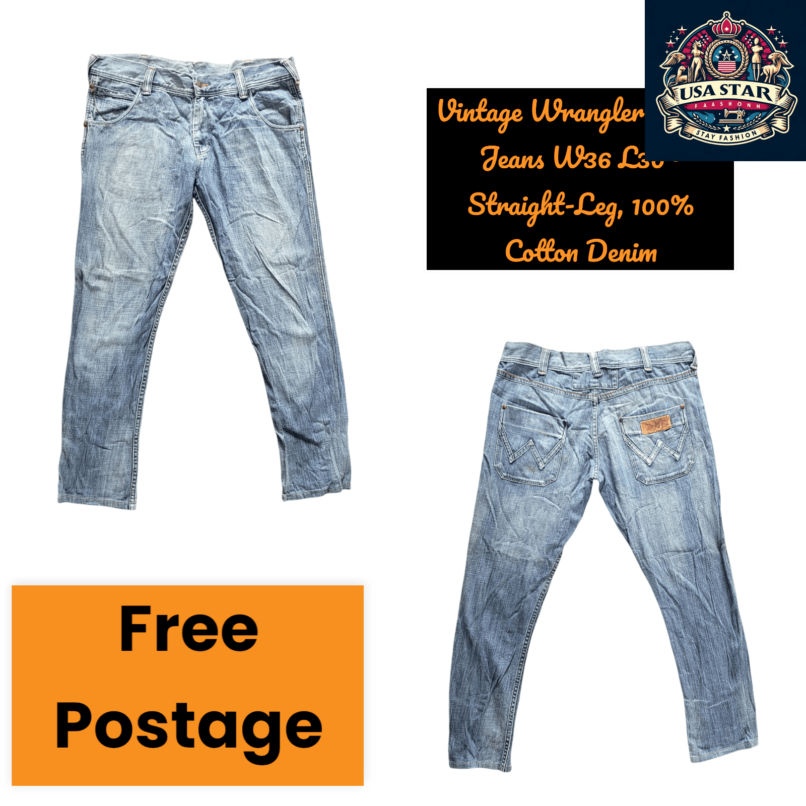 Vintage Wrangler Men's Jeans W36 L30 - Classic Straight - Leg 100% Cotton Denim in Classic Blue - USASTARFASHION