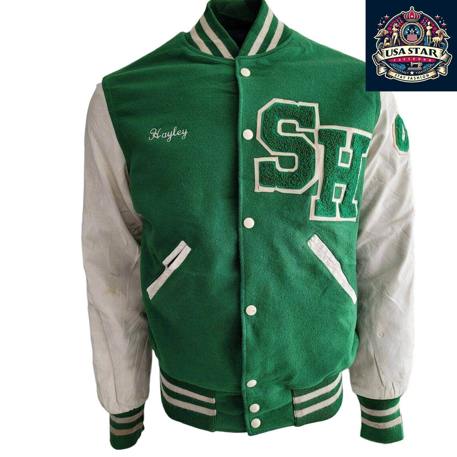 WOOL Vintage Holloway Varsity Jacket S 90s USA Made Green Snap Leather Sleeves - USASTARFASHION