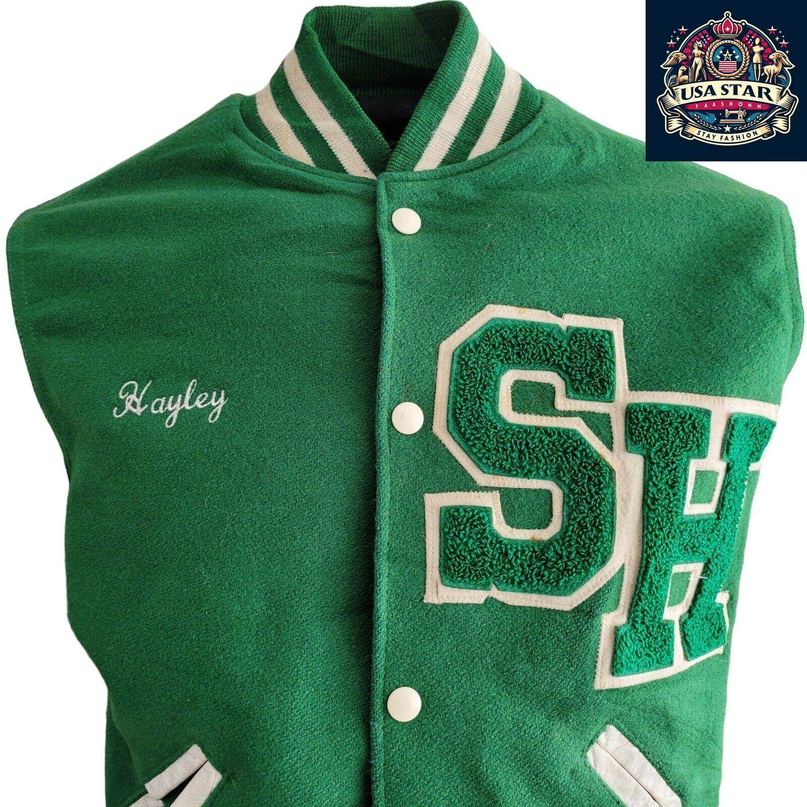 WOOL Vintage Holloway Varsity Jacket S 90s USA Made Green Snap Leather Sleeves - USASTARFASHION