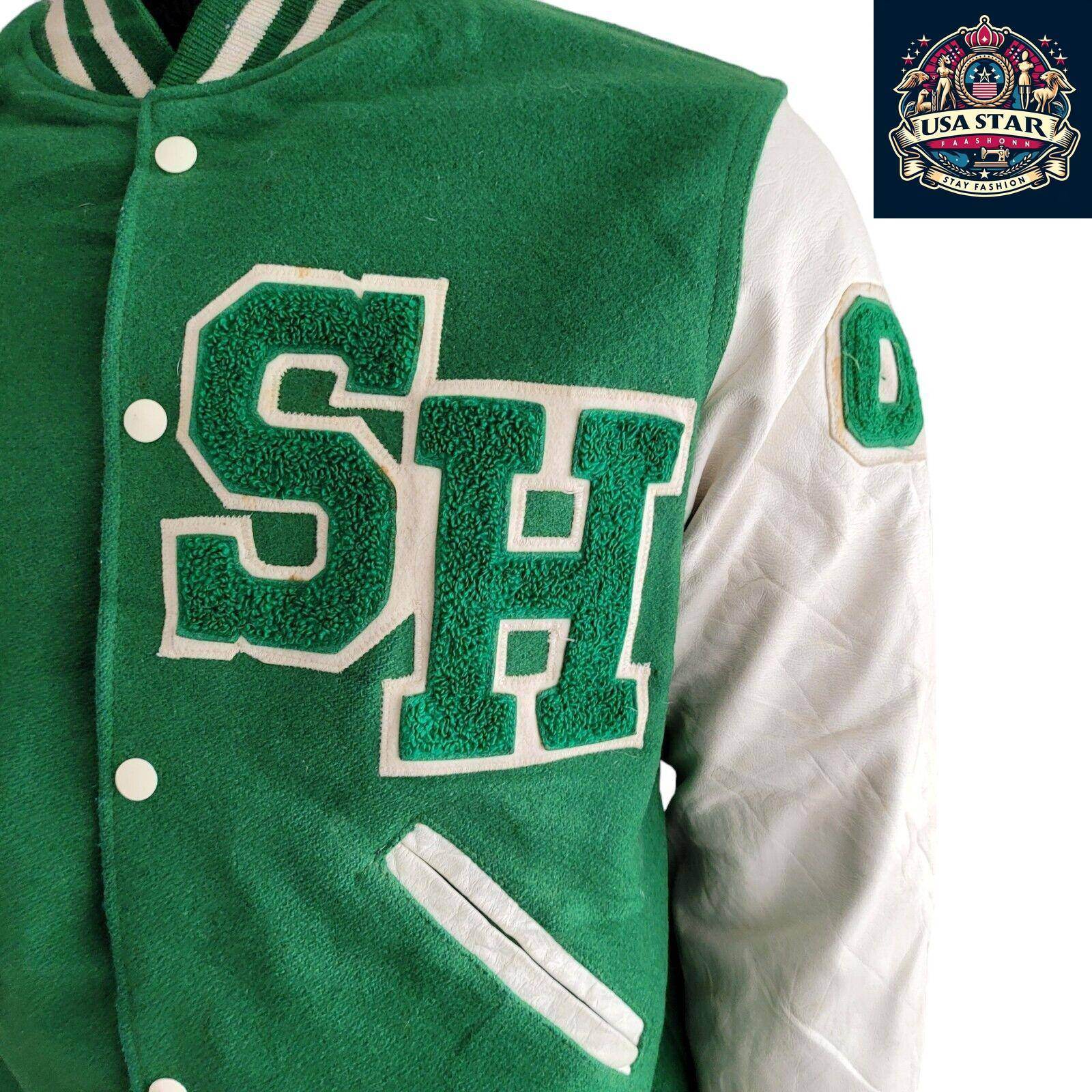 WOOL Vintage Holloway Varsity Jacket S 90s USA Made Green Snap Leather Sleeves - USASTARFASHION