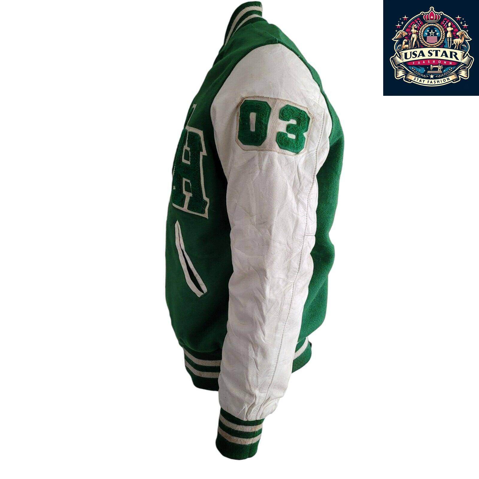 WOOL Vintage Holloway Varsity Jacket S 90s USA Made Green Snap Leather Sleeves - USASTARFASHION