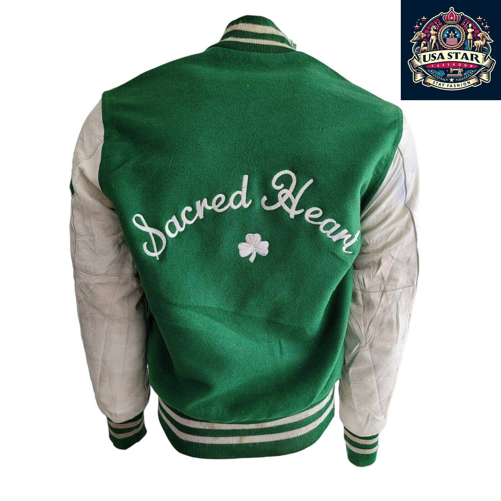 WOOL Vintage Holloway Varsity Jacket S 90s USA Made Green Snap Leather Sleeves - USASTARFASHION