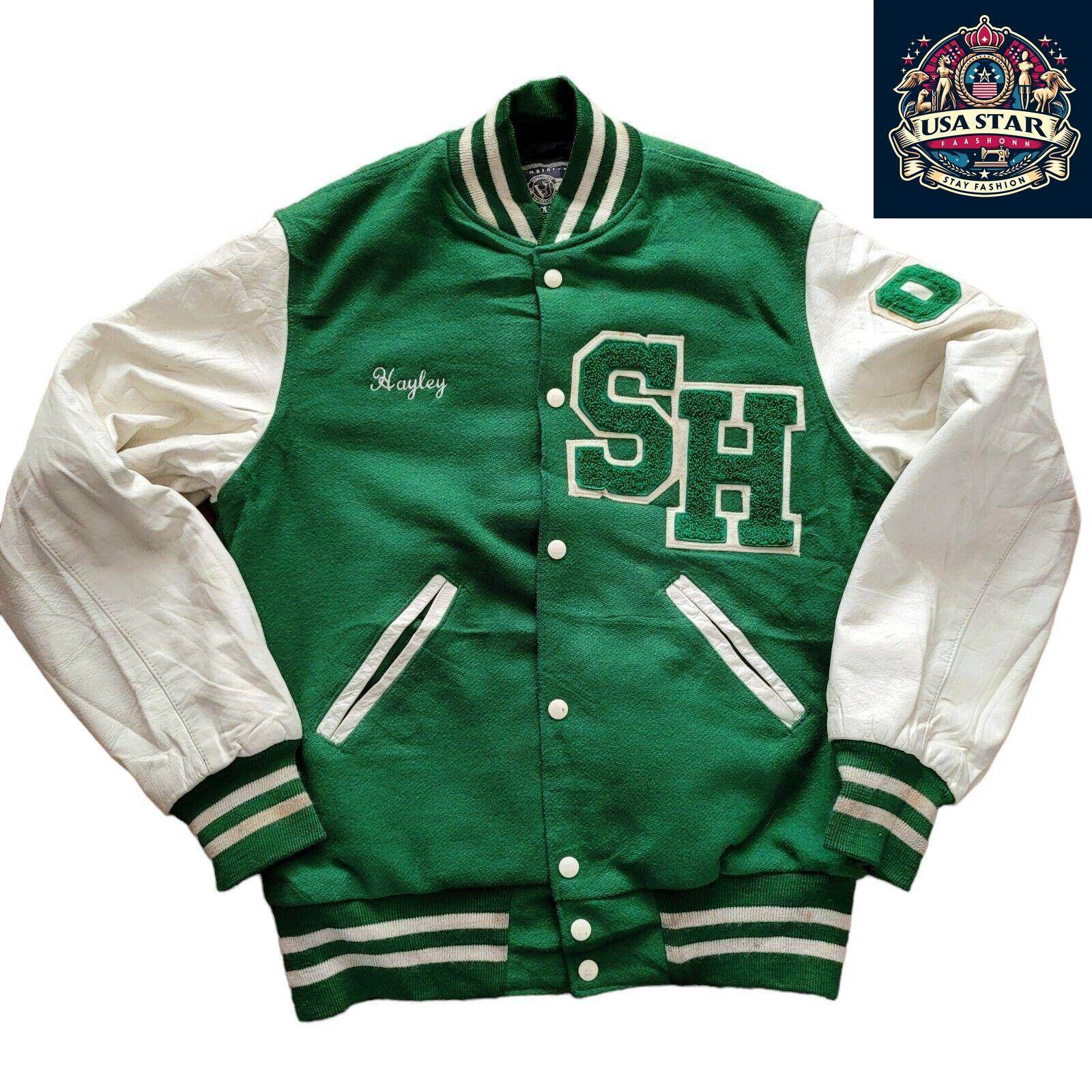 WOOL Vintage Holloway Varsity Jacket S 90s USA Made Green Snap Leather Sleeves - USASTARFASHION