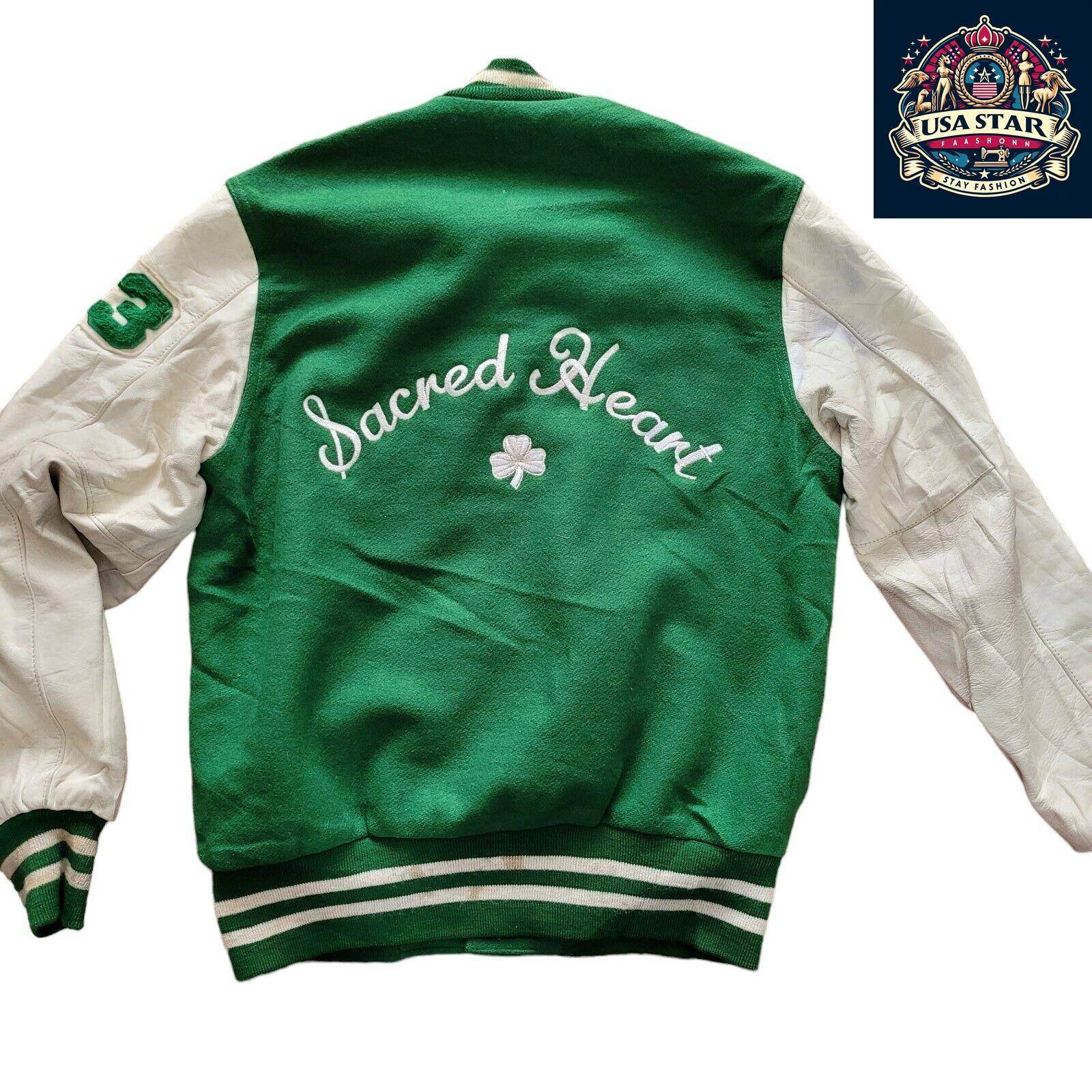 WOOL Vintage Holloway Varsity Jacket S 90s USA Made Green Snap Leather Sleeves - USASTARFASHION