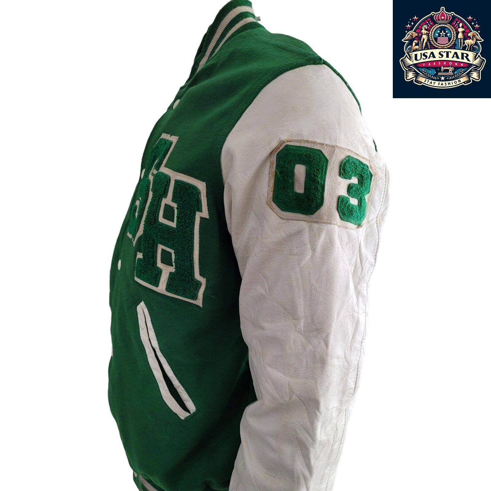 WOOL Vintage Holloway Varsity Jacket S 90s USA Made Green Snap Leather Sleeves - USASTARFASHION