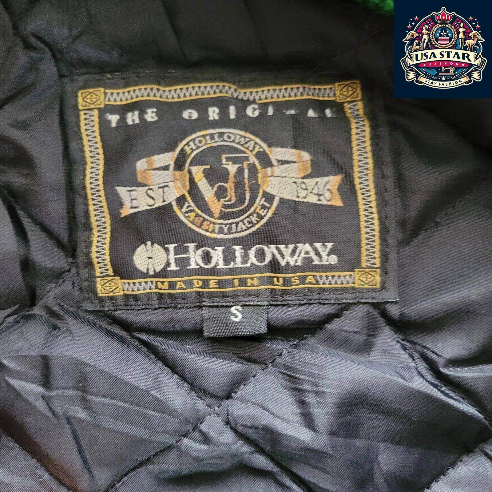 WOOL Vintage Holloway Varsity Jacket S 90s USA Made Green Snap Leather Sleeves - USASTARFASHION