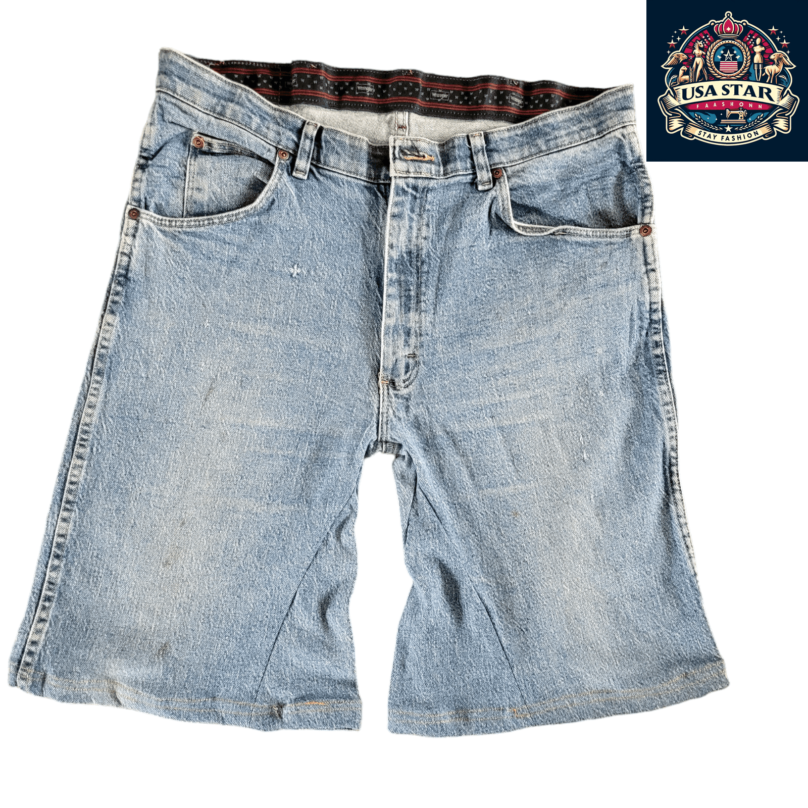 Wrangler Jorts, W34, Medium Blue Denim, Ideal for Workwear and Activities - USASTARFASHION