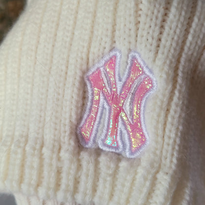 New Era Beanie - Cream Knit Hat with Reflective Multicolor NY Logo - 100% Acrylic, Size 54cm - USASTARFASHION