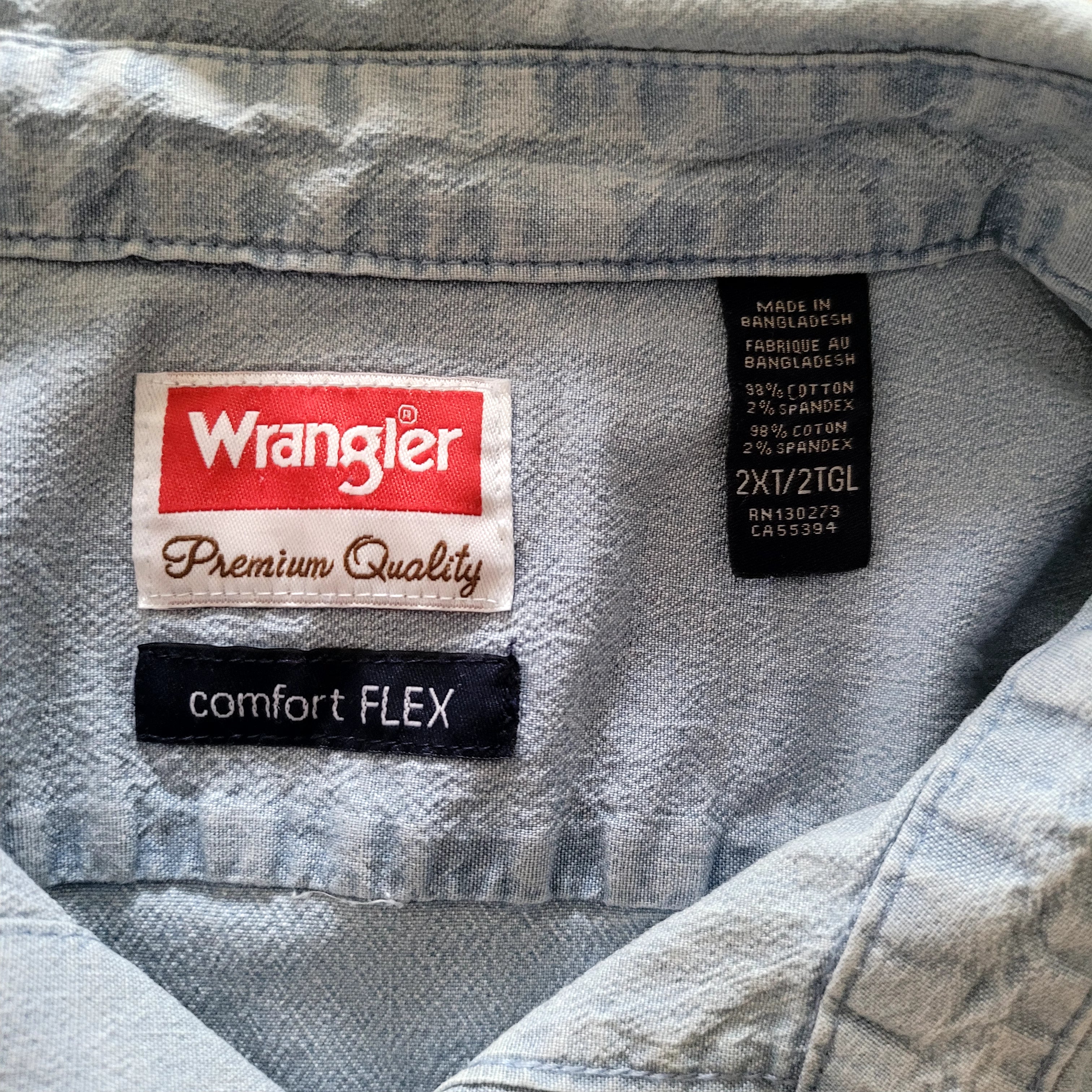 Vintage Wrangler Comfort Flex Denim Shirt Light Blue – 2XT XXL Tall - USASTARFASHION