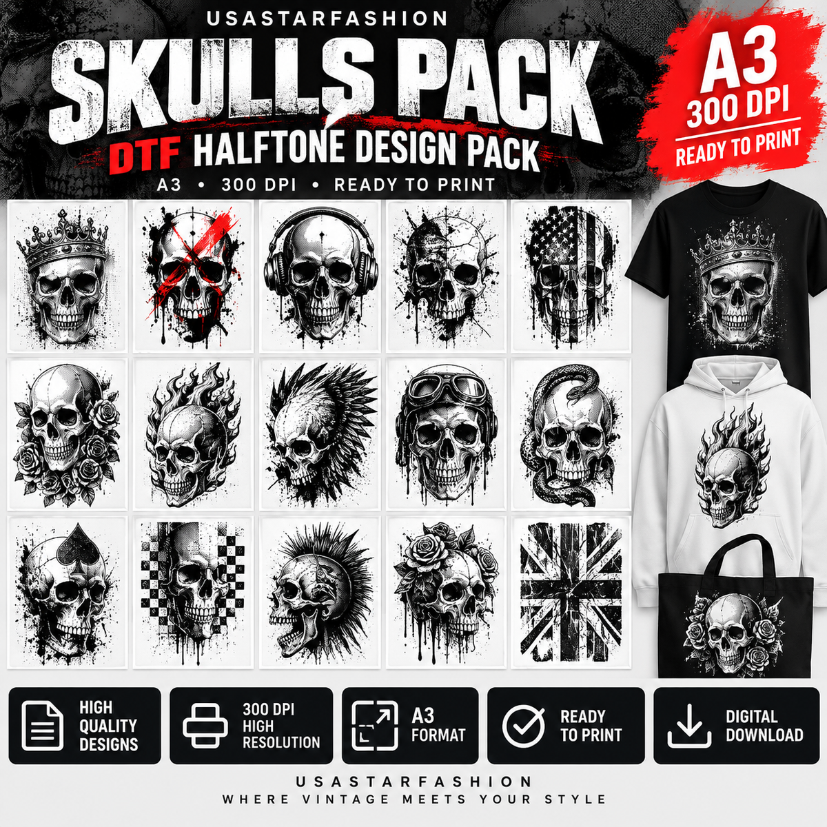 Use:  Skulls DTF Halftone Design Pack – A3 – 300 DPI – Ready to Print