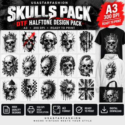 Use:  Skulls DTF Halftone Design Pack – A3 – 300 DPI – Ready to Print