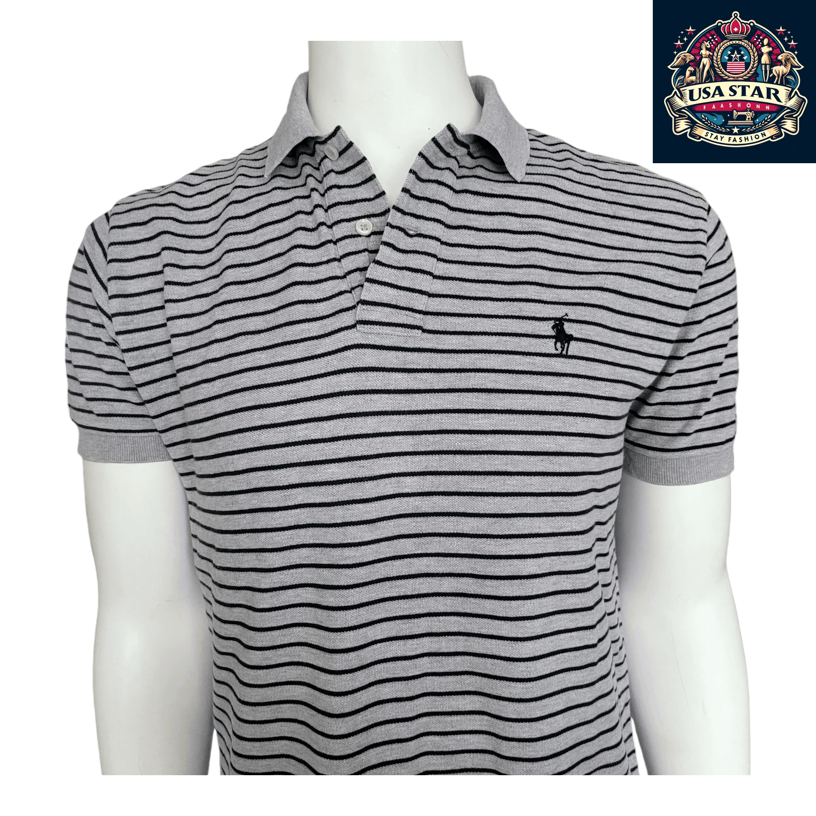 Ralph Lauren Polo Shirt Men's Medium Gray And Black Stripes With Classic Black Pony Logo - USASTARFASHION