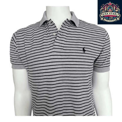 Ralph Lauren Polo Shirt Men's Medium Gray And Black Stripes With Classic Black Pony Logo - USASTARFASHION