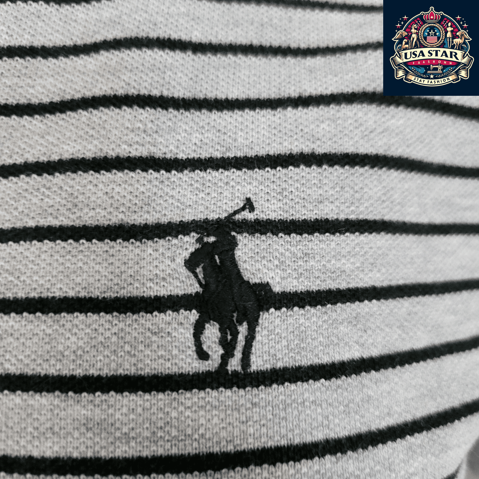 Ralph Lauren Polo Shirt Men's Medium Gray And Black Stripes With Classic Black Pony Logo - USASTARFASHION