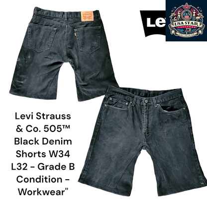Levi 505 Denim Shorts W34 L32, Grade B, Durable Black Denim Workwear for Comfort and Style - USASTARFASHION