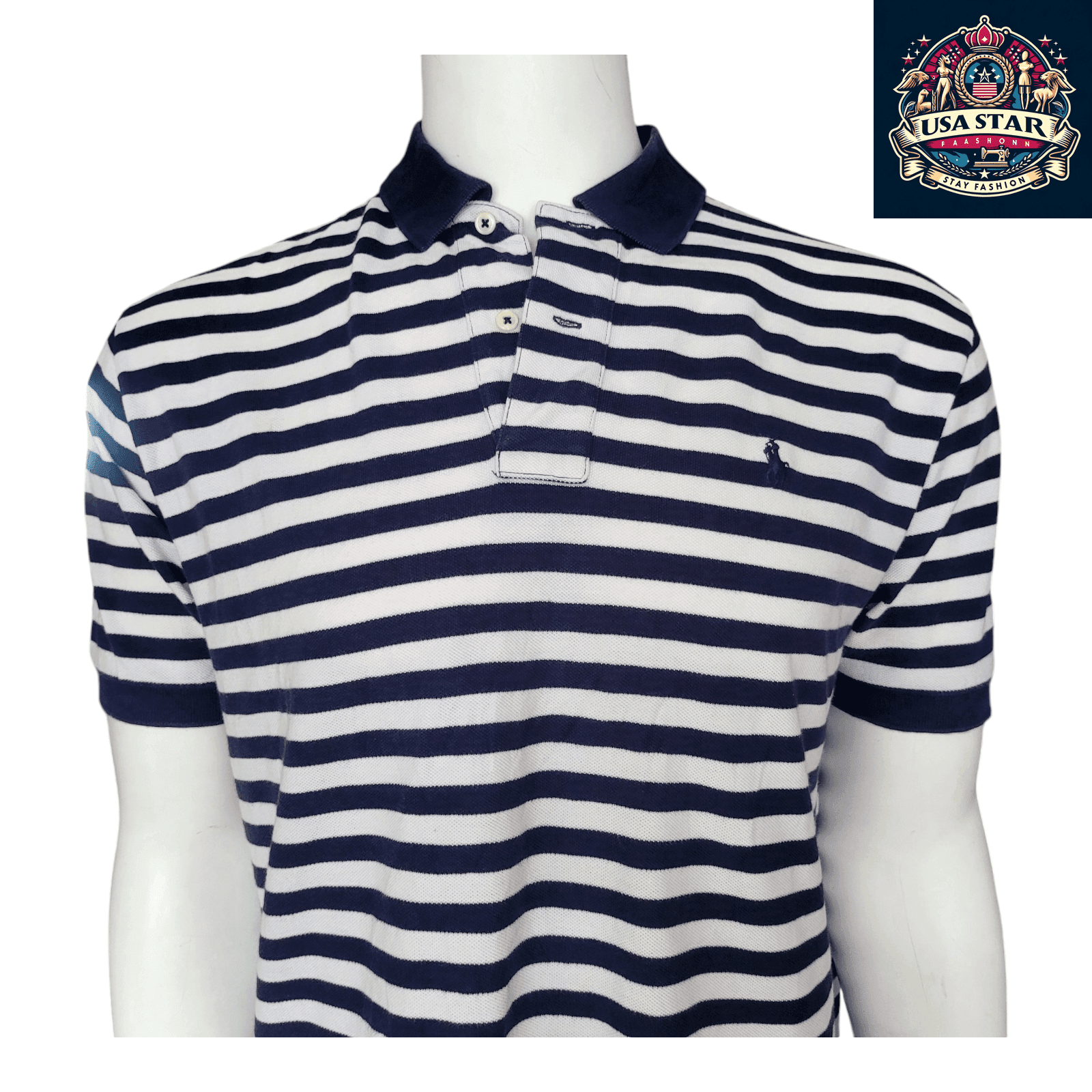 Polo Ralph Lauren Men's Polo Shirt - Large Navy/White Striped, 100% Cotton, Classic Fit - USASTARFASHION