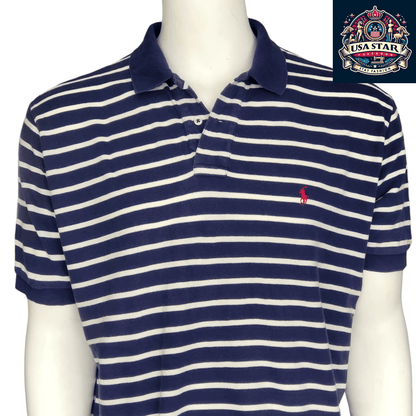Polo Ralph Lauren Men's Polo Shirt XL Blue Striped 100% Cotton Short Sleeve Classic Fit - USASTARFASHION