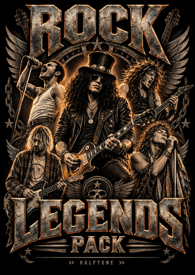 Use:  Rock Legends DTF Halftone Design Pack – A3 – 300 DPI – Ready to Print
