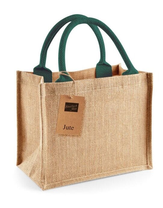 Westford Mill W412 Jute Mini Gift Bag - Natural/Forest Green