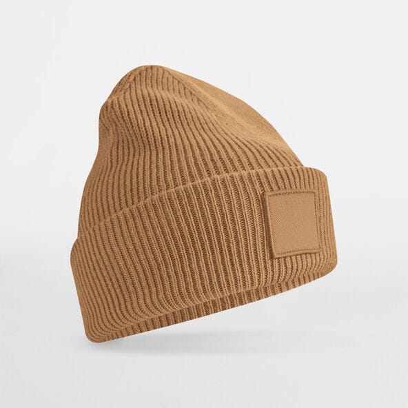 Beechfield B336R Deep Cuff Tonal Patch Beanie - Biscuit