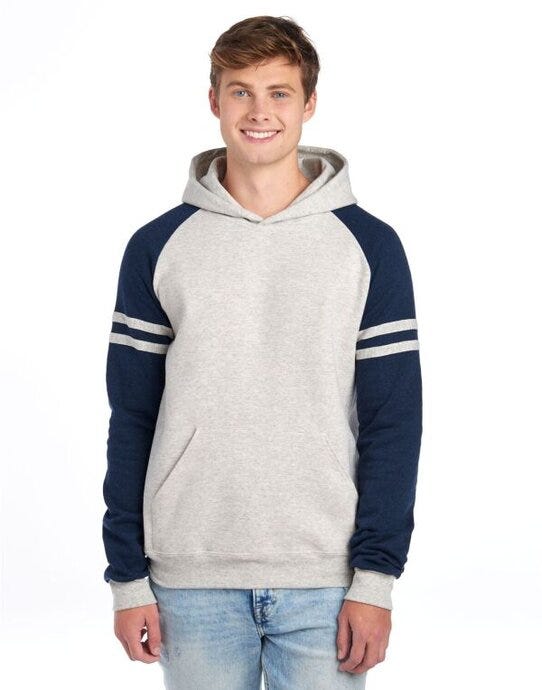 Jerzees 0S97CR0 NuBlend® Varsity Col-Block Hood - Oatmeal Heather/ Indigo Heather