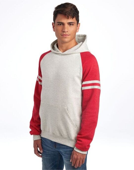 Jerzees 0S97CR0 NuBlend® Varsity Col-Block Hood - Oatmeal Heather/ Fiery Red Heather