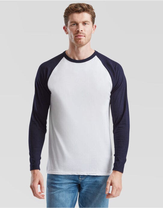 Fruit Of The Loom 61028 FOTL Mens Valueweight LS Baseball T - White/Deep Navy