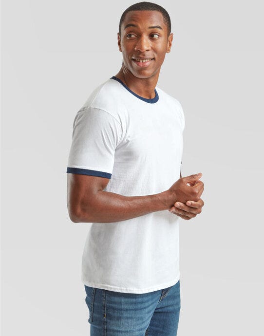 Fruit Of The Loom 61168 FOTL Mens Valueweight Ringer T - White/Navy
