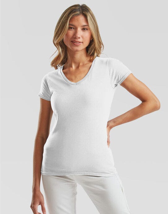 Fruit Of The Loom 61444 FOTL Ladies Iconic 150 V-Neck T - White