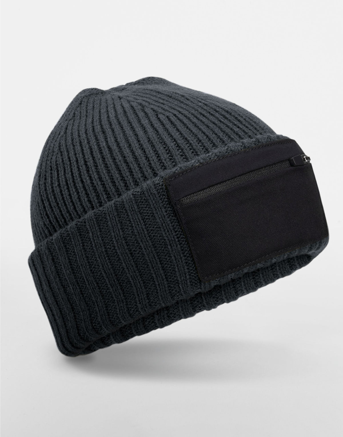 Beechfield B334R Zip Patch Beanie - Graphite Grey/Black