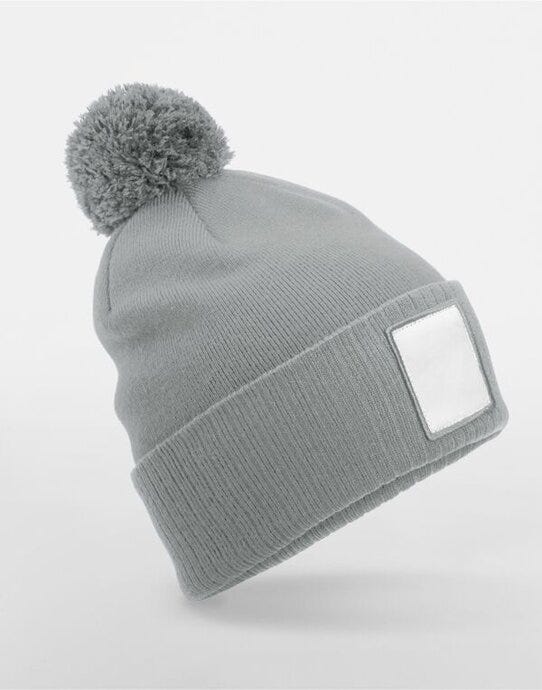 Beechfield B338R Appliqué Patch Pom Beanie - Ash/White