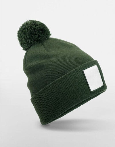 Beechfield B338R Appliqué Patch Pom Beanie - Olive Green/White